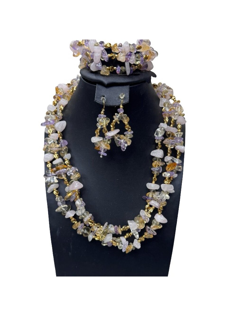 Vintage Stauer Set Gemstone Necklace Bracelet Earrings Citrine, Amethyst, Quartz